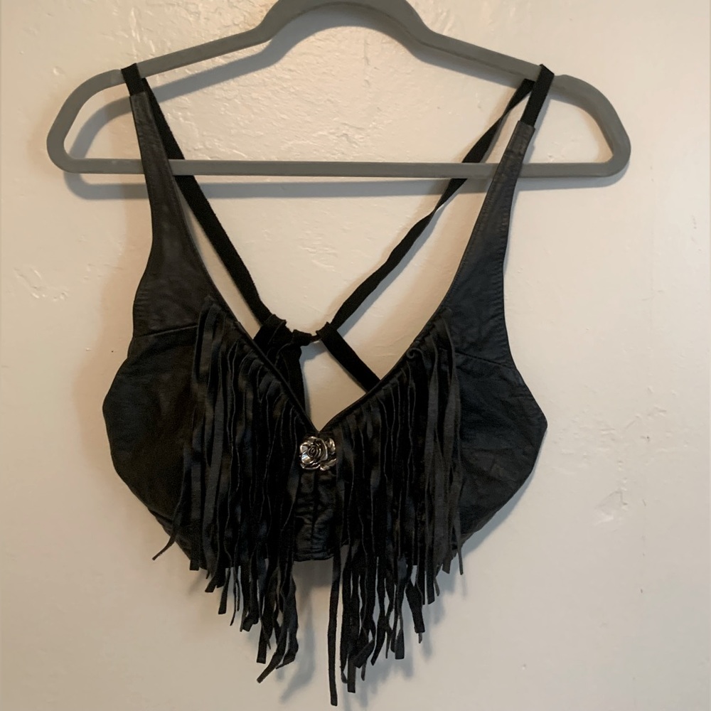 Real leather vintage top fringe neckline with rose pin biker grunge punk